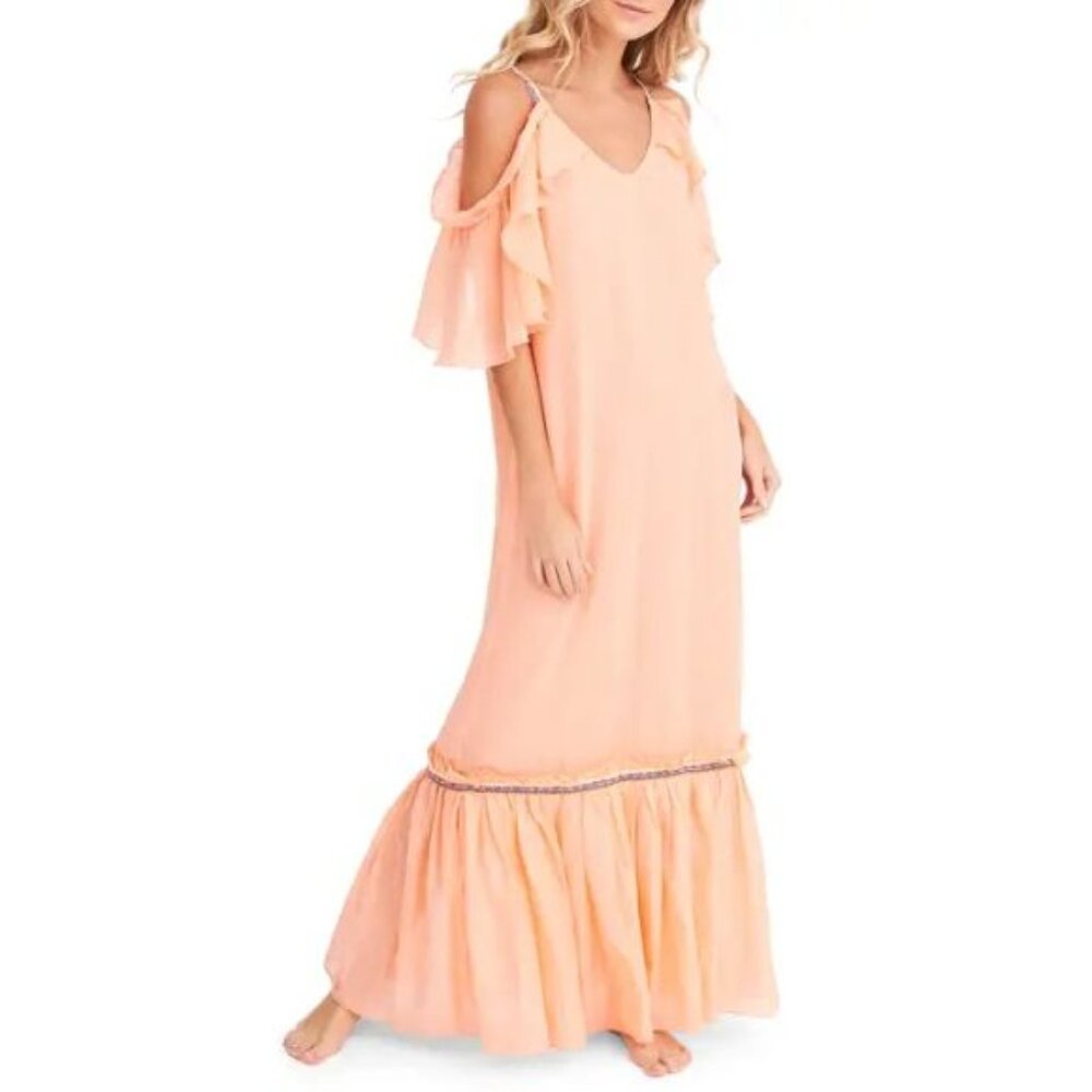 NWT Pitusa Camille Scoop-Neck Cold-Shoulder Ruffle Maxi Dress Size- Petite